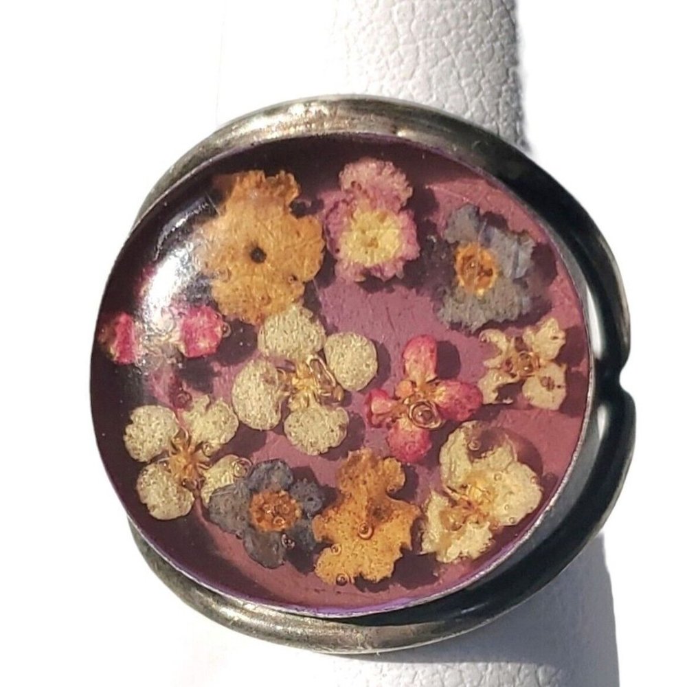 Sterling Silver Ring Floral Cabochon Mexican Handcrafted Glass Art Signed 5 3/4"